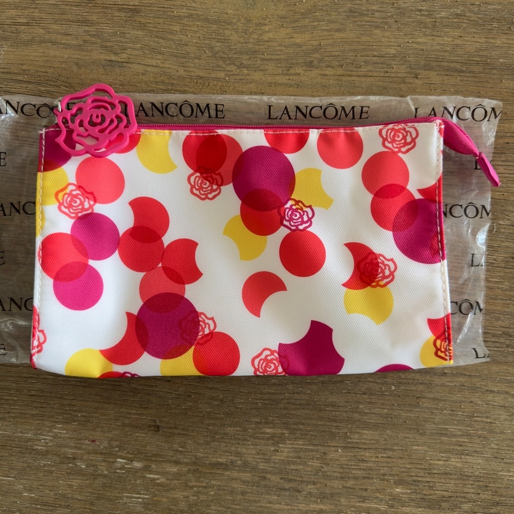 New  Lancome Paris Floral Polka Dot Cosmetic Zip Up Make-Up Bag-NWOT‎